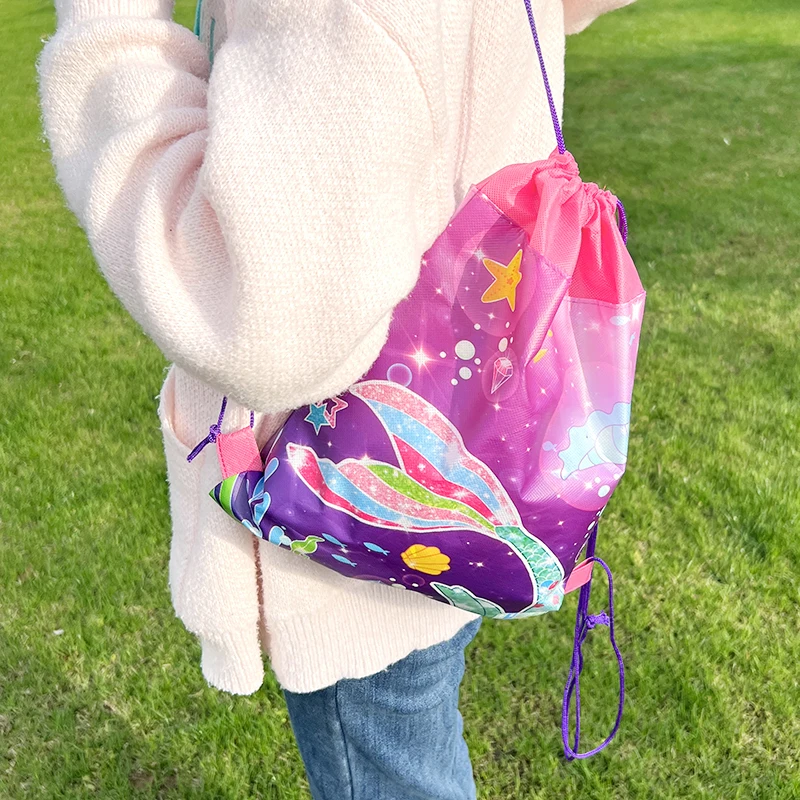 3Pcs 34*27cm Girls Mermaid Tail Non-Woven Fabrics Drawstring Backpack Candy Snack Packing Bag For Kids Birthday Gift Baby Shower