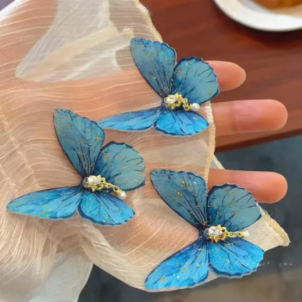 Kids Cute Hairpins Big Butterfly Hair Clip For Girls Blue Butterfly Moving Wings Pearl Hairgrip Girl Barrettes Ornaments