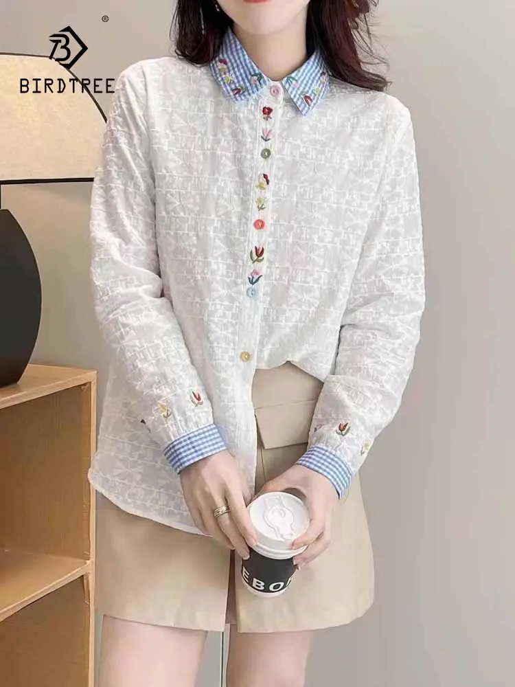 

New 2025 Autumn Cotton Long Sleeve Shirt, Women Turn-down Collar Embroidery, Mori Girl Retro Prairie Chic Loose Blouse T57558CC