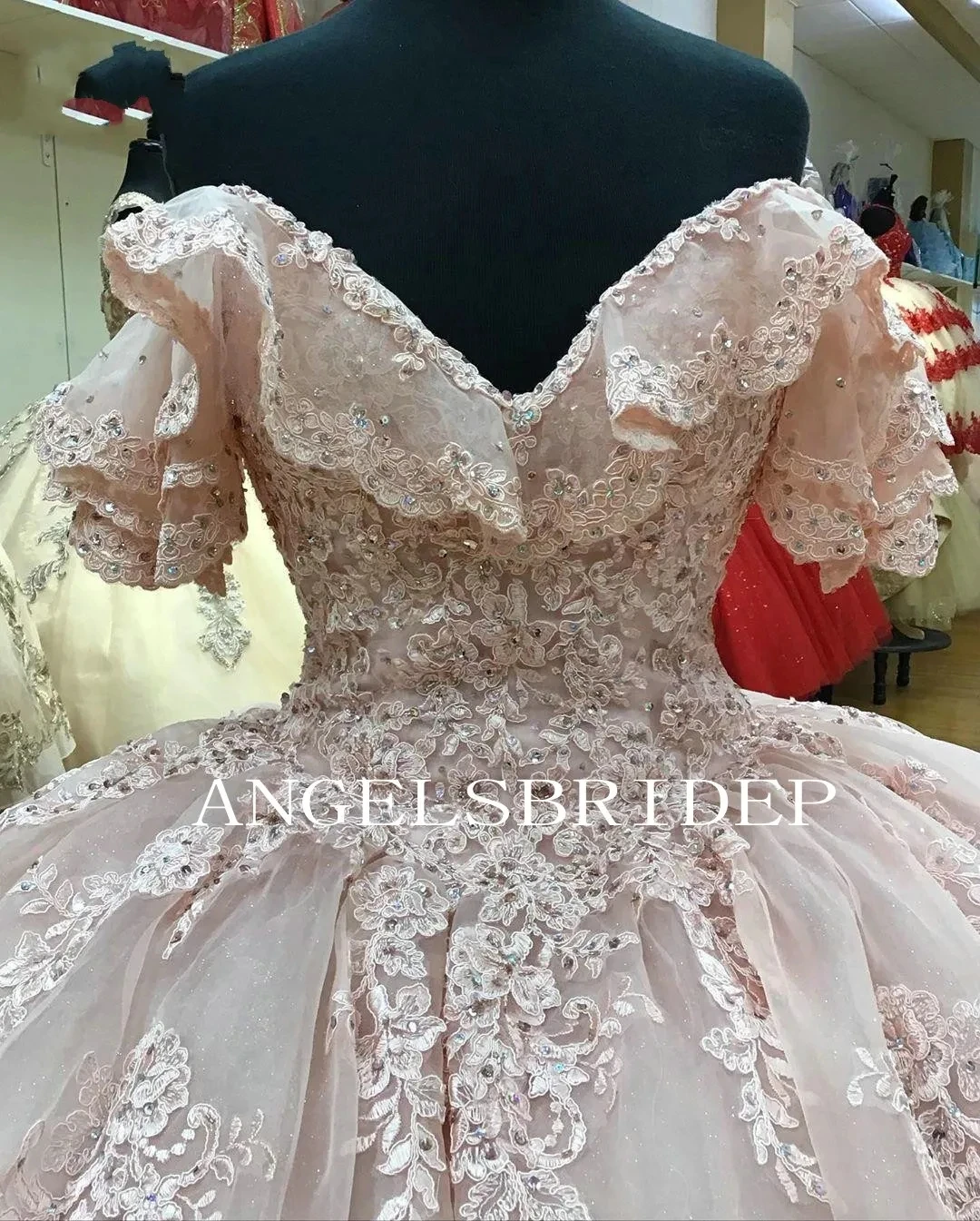 Angelsbridep vestido de quinceañera de manga corta con hombros descubiertos, apliques de tul de princesa, lentejuelas, escote Corazón, fiesta de cumpleaños