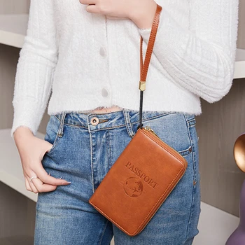 남녀공용 여권 케이스, PU 단색, 긴 지퍼, 여권 거치대 티켓, 다기능 여행 보관 서류 가방