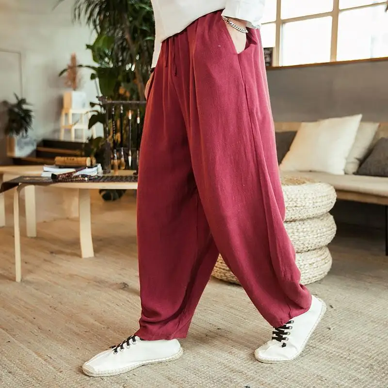 

Summer KPOP Fashion Style Harajuku Slim Fit Trousers Loose All Match Casual Pants Lantern Harun Pants Flax Solid Wide Leg Pants