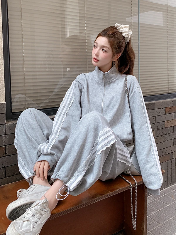 Komplet damski: bluza z koronkowym wykończeniem i szerokie spodnie, casualowy zestaw dwuczęściowy, nowa kolekcja wiosna-jesień, sportowy styl.