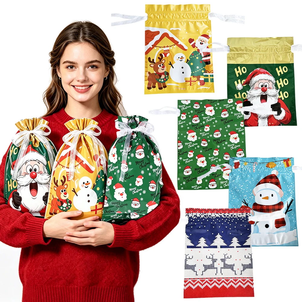 5/10/30/50 Stück Weihnachtsgeschenktüten mit Kordelzug, zum Verpacken von Süßigkeiten und Geschenken, Folienbox, Weihnachtspartyzubehör