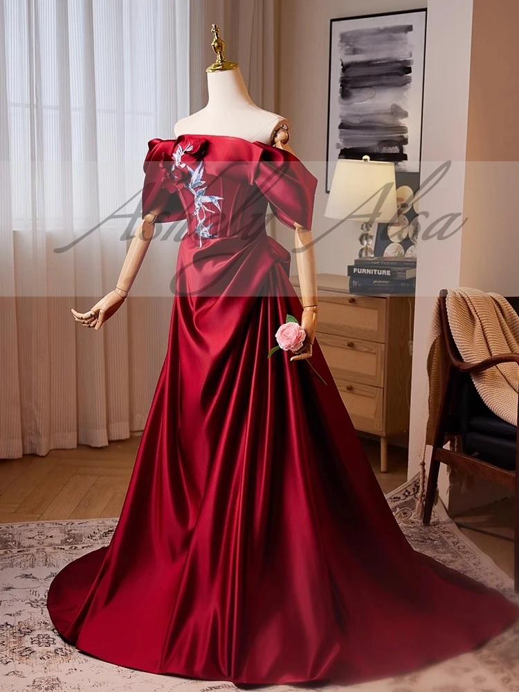 Custom Made Wine Red 100% Real Picture Women Evening Dress For Wedding Party Off Shoulder Satin A Line Long Prom Formal Wear