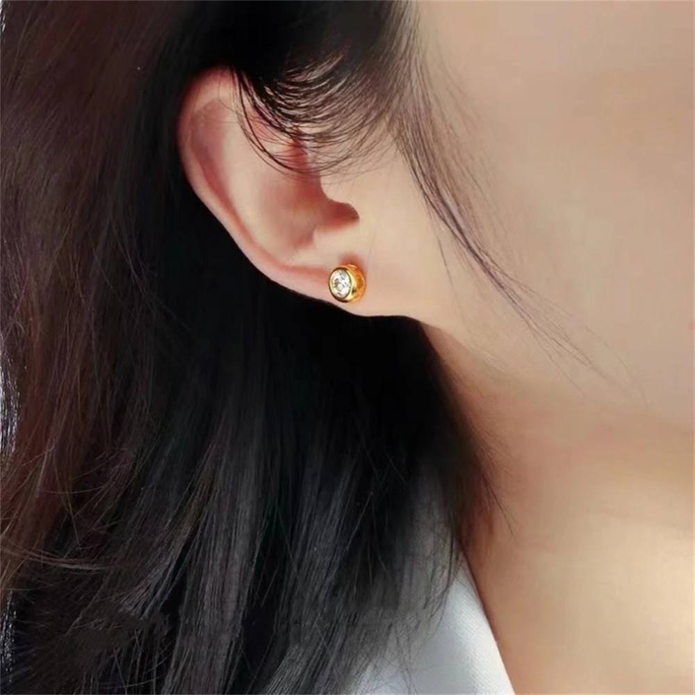 Stainless Steel Gold Color 6mm Zirconia Round Stud Earrings Set for Women Luxury Jewelry Accessories Girlfriend Gifts