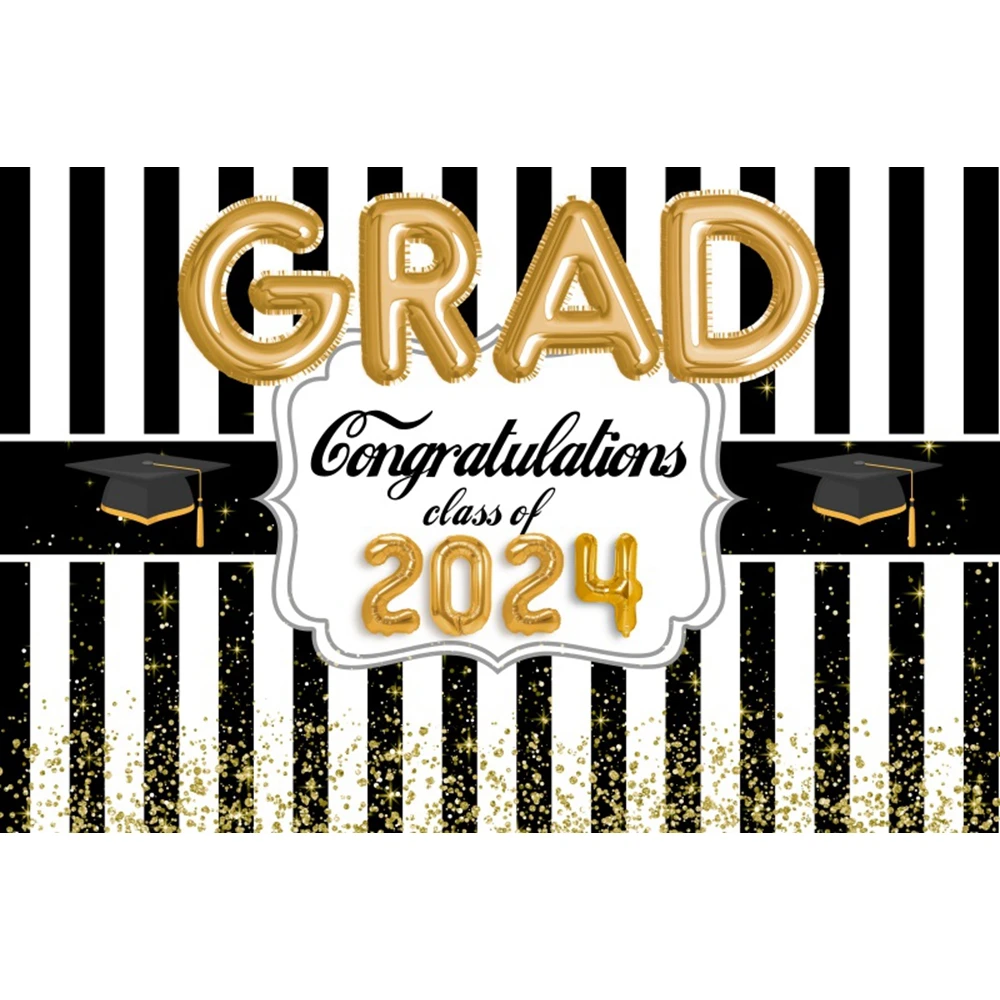 Class of 2024 Graduation Backdrop Black and Gold Glitter Balloons Custom Photography Background Congrats Grad Party Banner Decor