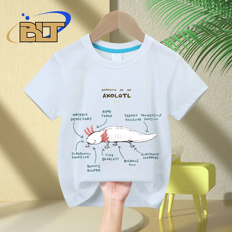 Tops casuais de algodão estampado axolotl de manga curta infantil, anatomia de um axolotl, presentes para meninos e meninas, verão