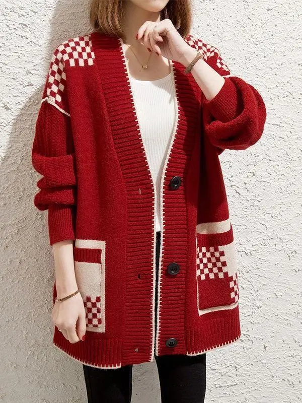 

plus Size Autumn Winter Knitted Sweater Women's Clothing Belly Covering Loose Fit Long Sleeve V-Neck Thickened Outerwear