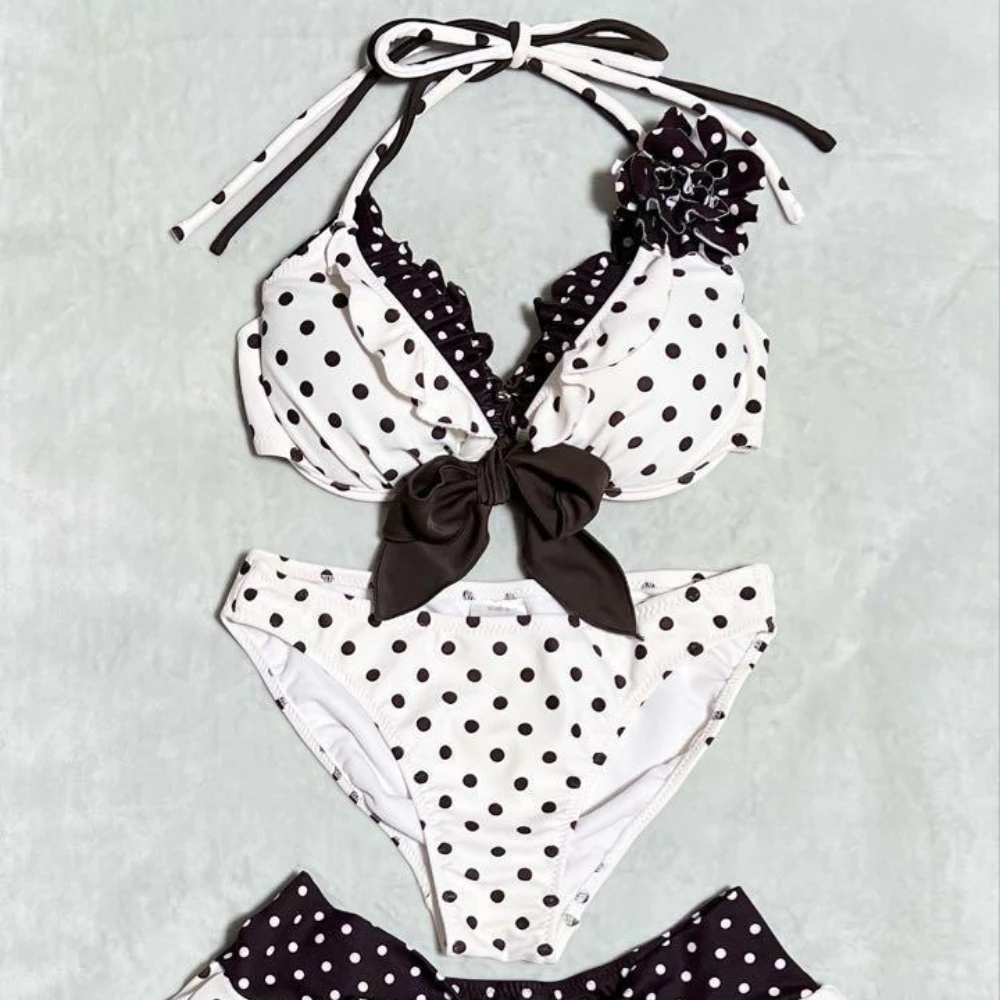 2025 جديد الأوروبية والأمريكية Ins فتاة ساخنة مثير الرسن الحلو البولكا نقطة الذاتي التعادل أعلى + تنورة ثلاث قطع مجموعة للنساء