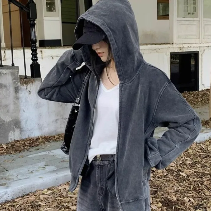 Ulzzang Jackets for Women Ins Spring Autumn Hooded Korean Style College All-match Zipper New Fashion Soft Chic Retro Minimalist