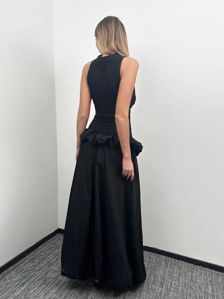 RORORIRI ネオ中国女性カットアウトタンクロングドレスノースリーブスリムストレッチリブニットスプライシングふわふわマキシドレス Grayu レトロ服