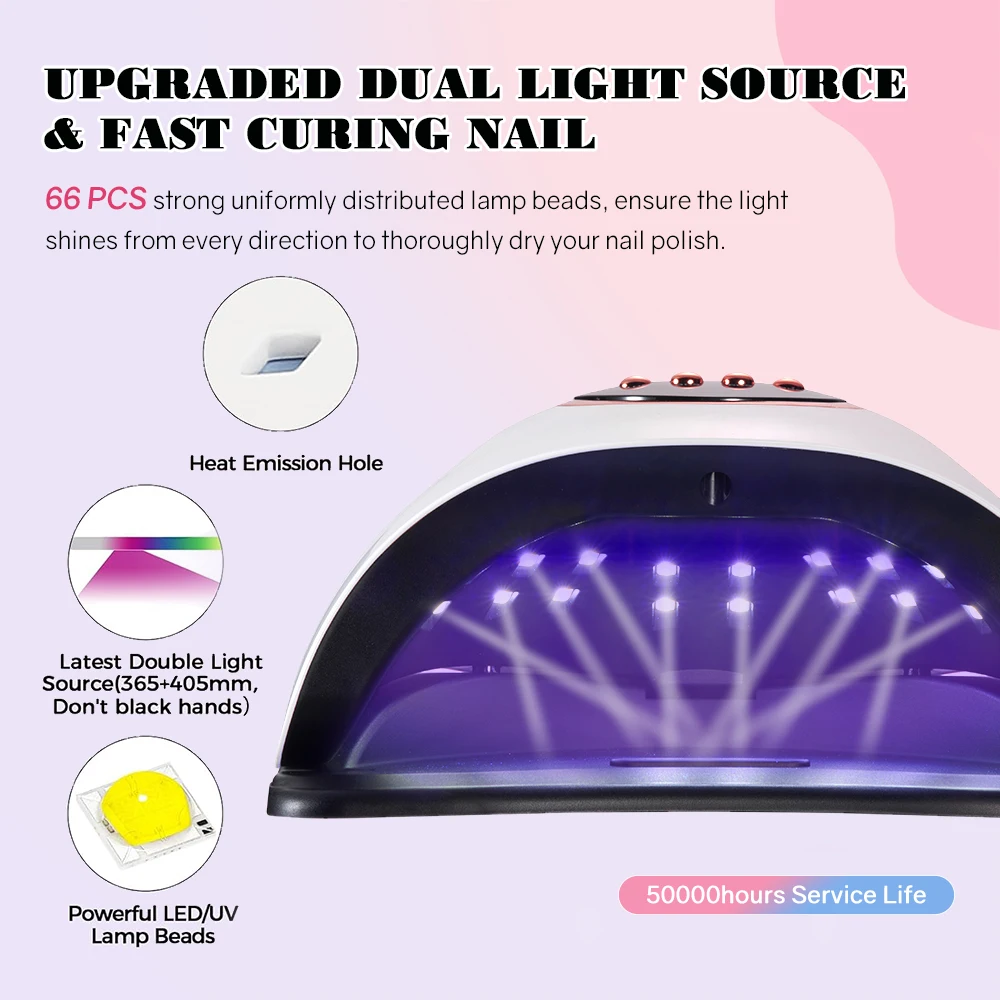 Lâmpada UV profissional do prego para a cura de todas as unhas Gel Secador de unhas com 4 ajustes do temporizador, manicure de secagem rápida, 280W, 66LEDs