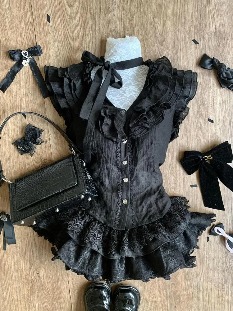 Y2k Gothic Vintage Schwarz Spitze 2-teiliges Set Frauen Hepburn Chic Dünne Spitze Puff Sleeve Tops Weibliche + High-taille Rüschen Kurzen Rock