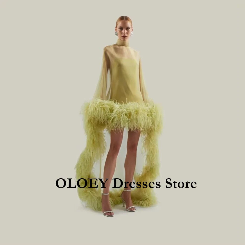 OLOEY 2026 Gelbes Hochgeschlossenes Transparentes Langarm-Minikleid mit Federbesatz, Luxuriöses Abendkleid mit Schleppe, Straußenfeder-Cocktailkleid