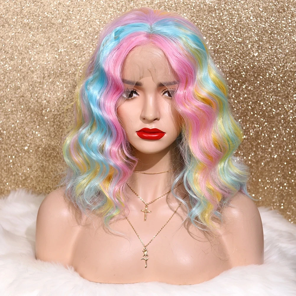 Short Wavy Bob Colorful Rainbow Wig European & American Cosplay Wig in the Fringe Simulation Scalp Party Ghost Festival Wig