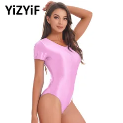 Womens Glossy Smooth Swimsuit One Piece Short Sleeve Leotard Bodysuit Swimwear High Cut Monokini Bathing Suit Beachwear