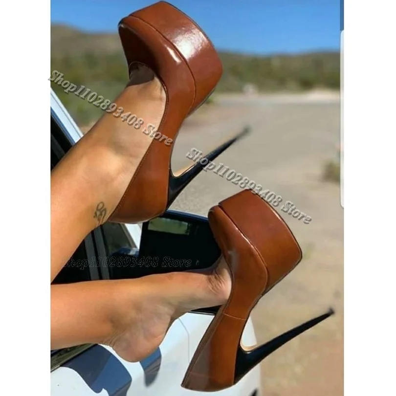 

Brown Platform Stiletto Pumps Round Toe Leather Solid Fashion Spring Design for Women Party Sexy Shoes 2024 Zapatos Para Mujere