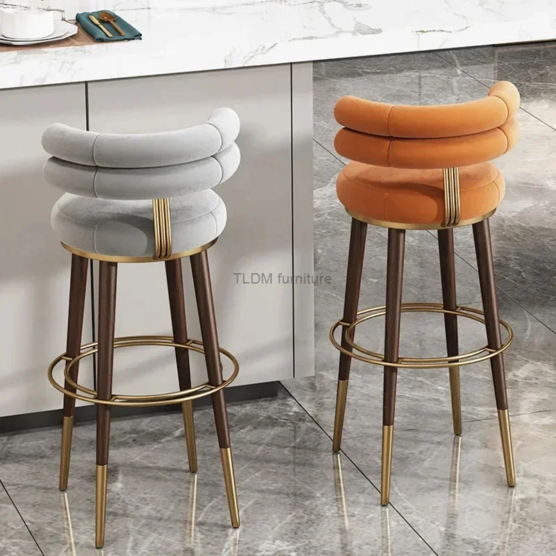 Luxury Stainless Steel Rotating Bar Chair Italian Fabric High-foot Bar Chairs for Kitchen Modern Minimalist Home Back Bar Stools