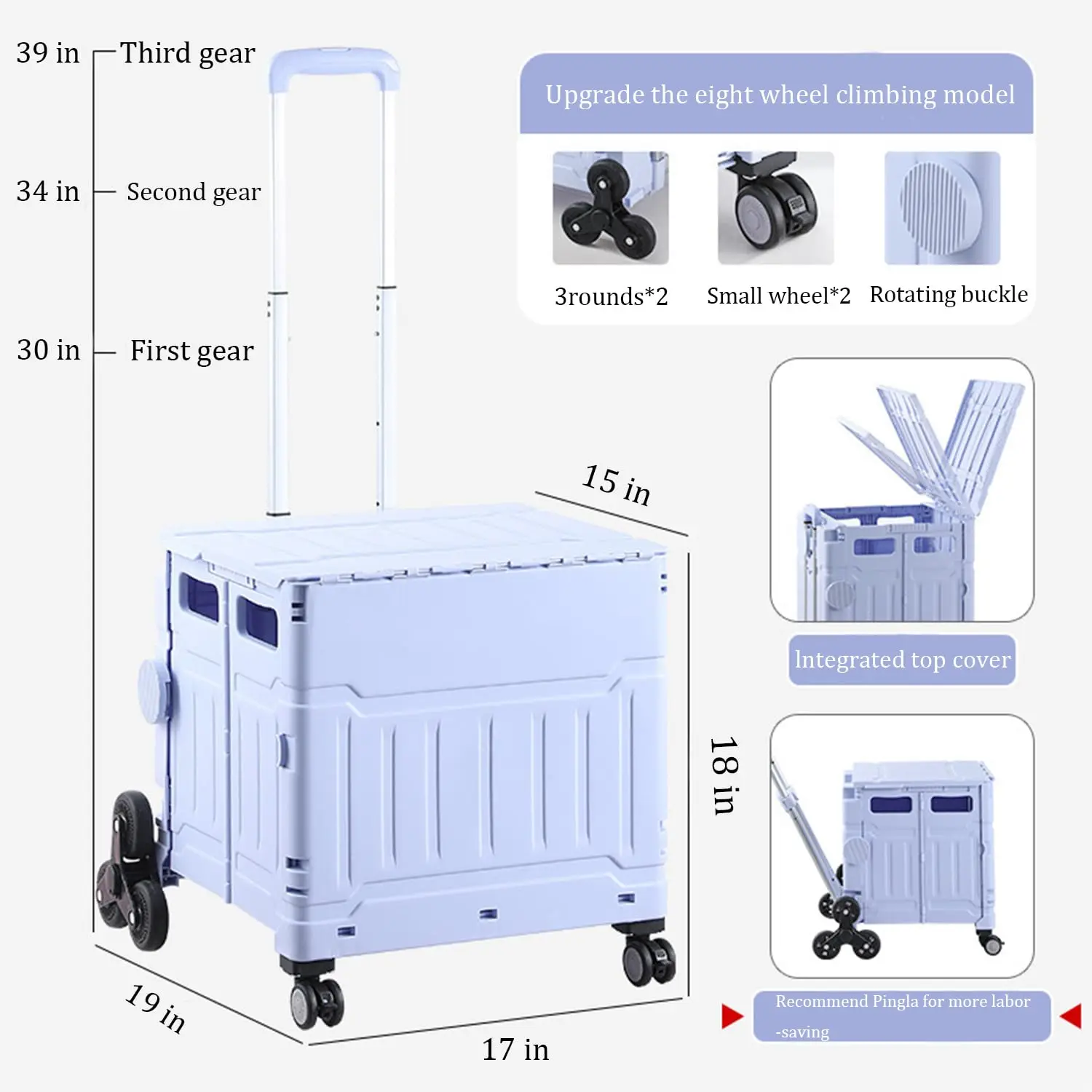 Foldable Utility Cart Folding Portable Rolling Crate Handcart Shopping Trolley Wheel Box with Lid Wear-Resistant Noiseless