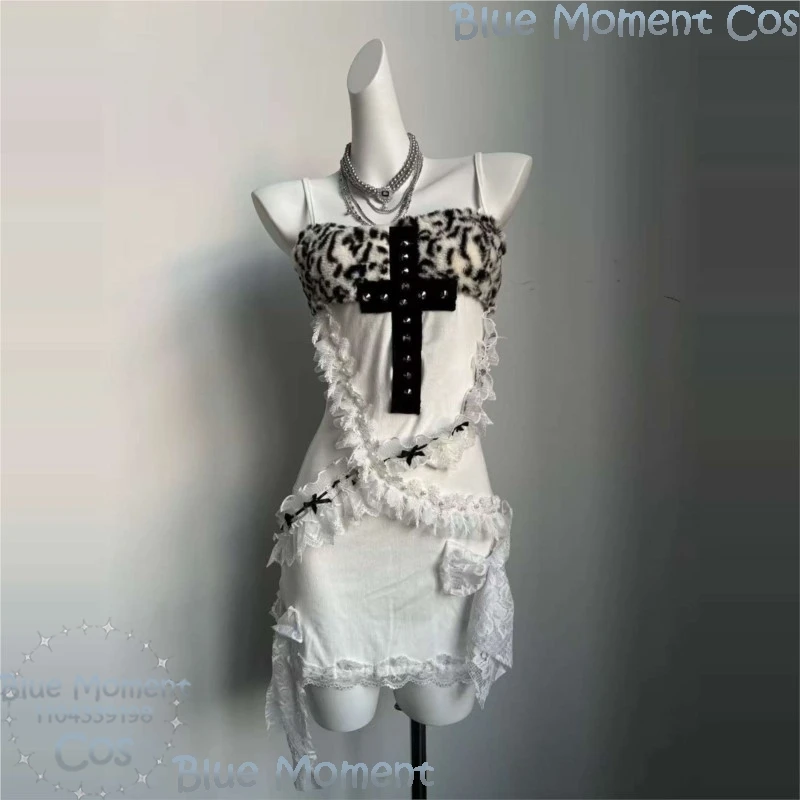 Y2K فتاة حار مثير الدانتيل الرسن حزمة الورك فستان ليوبارد طباعة الصليب فستان جيراي كي الفتيات تأثيري هالوين مهرجان كوميك كون #4