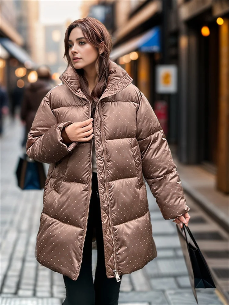 Oversize Woman Puffer Jacket 2024 Brilliant Diamond Midi Length Padded Insulated Stand Collar Fashionable Casual Padded Clothes