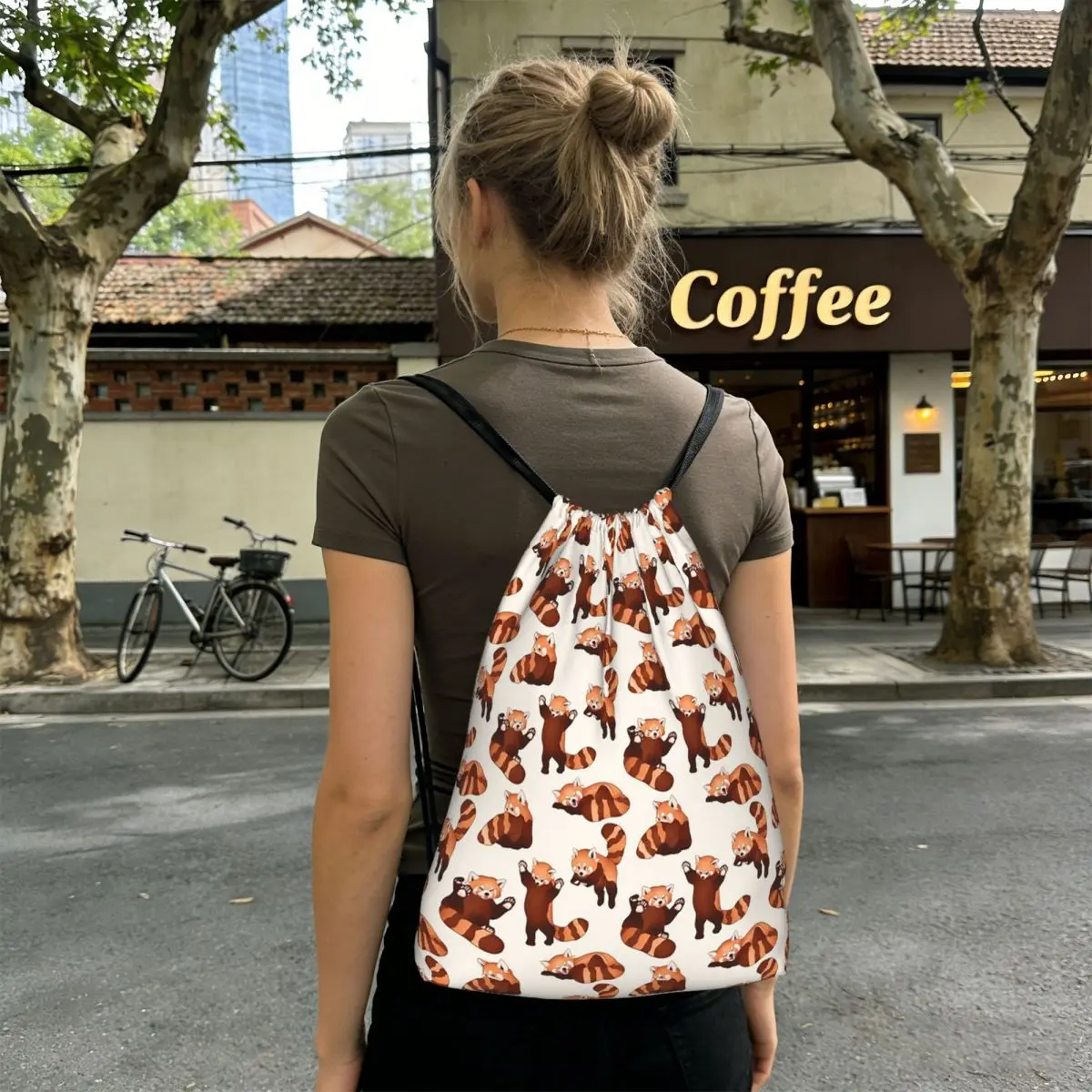 

Cute Cartoon Panda Red Raccoon Pattern Backpacks Fashion Drawstring Bundle Pocket Sports Bag Book Bags for Travel Students