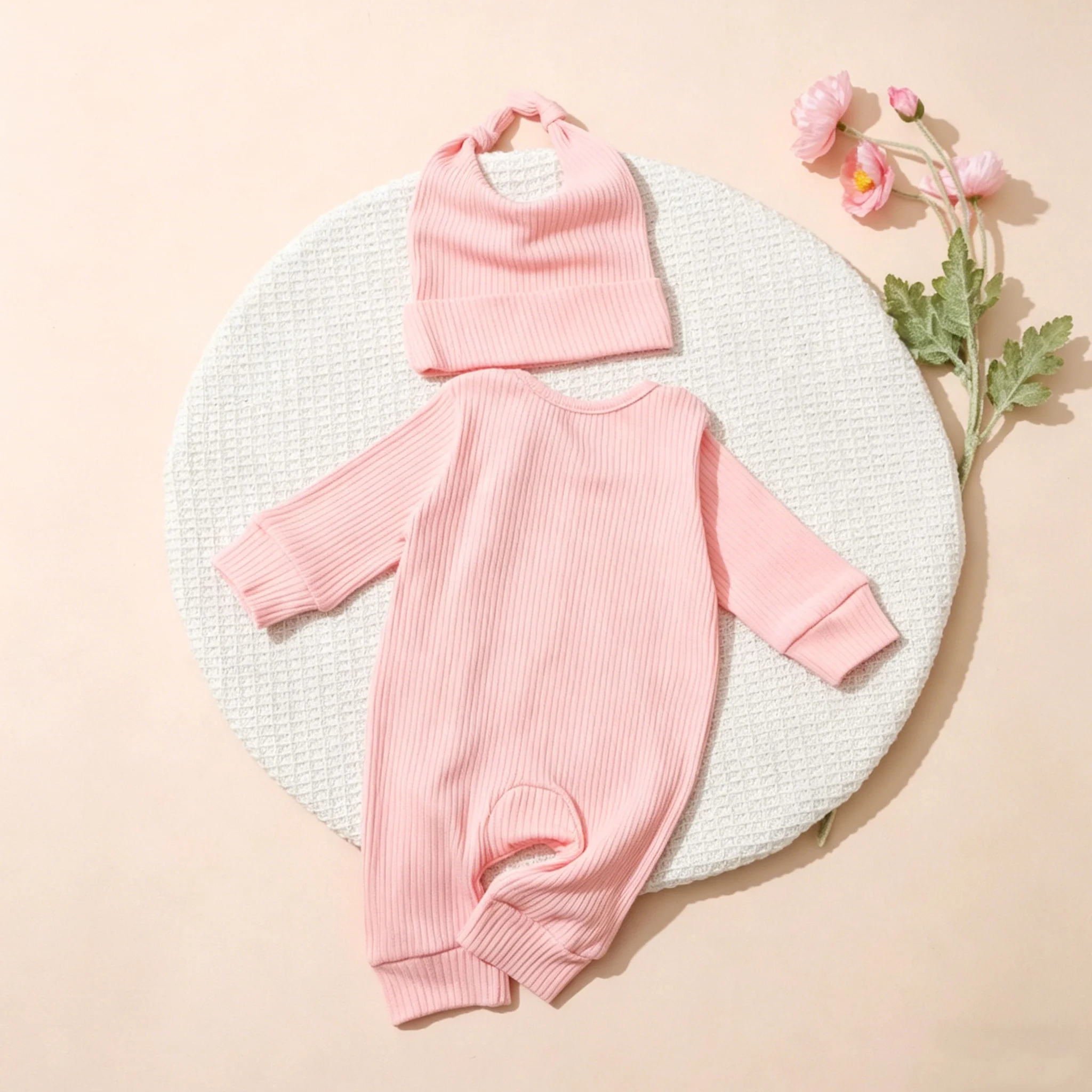 Newborn Photography Clothes Ribbed Romper Bunny Ear Hat Set Infant Zipper Closure Long Sleeve Baby Jumpsuit Coming Home OutfitHD image 6