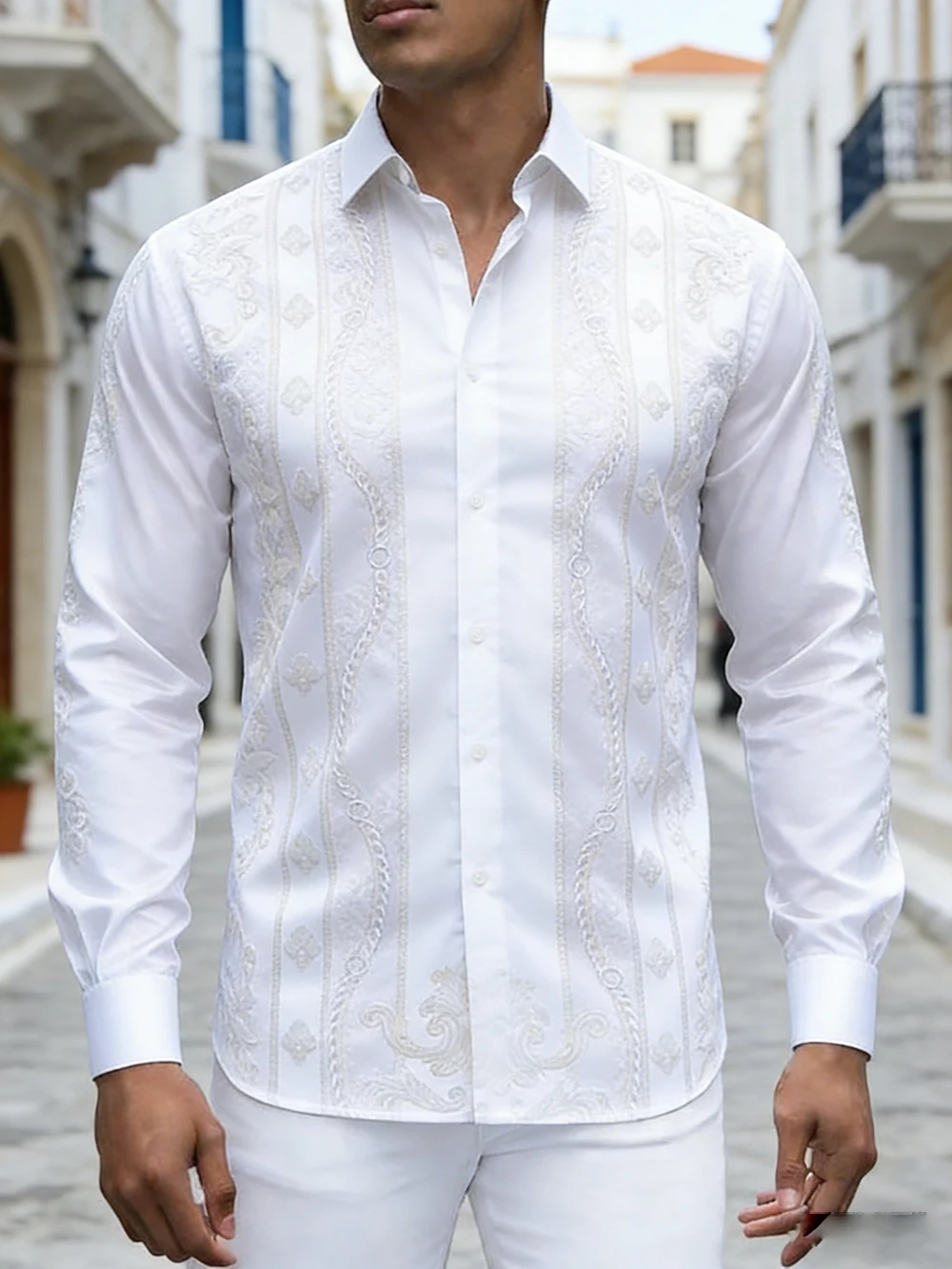 

Men's Light Luxury Long Sleeve Shirt White Baroque Pattern High Definition 3D Printed Shirt Hawaiian Vacation Men‘s Clothing