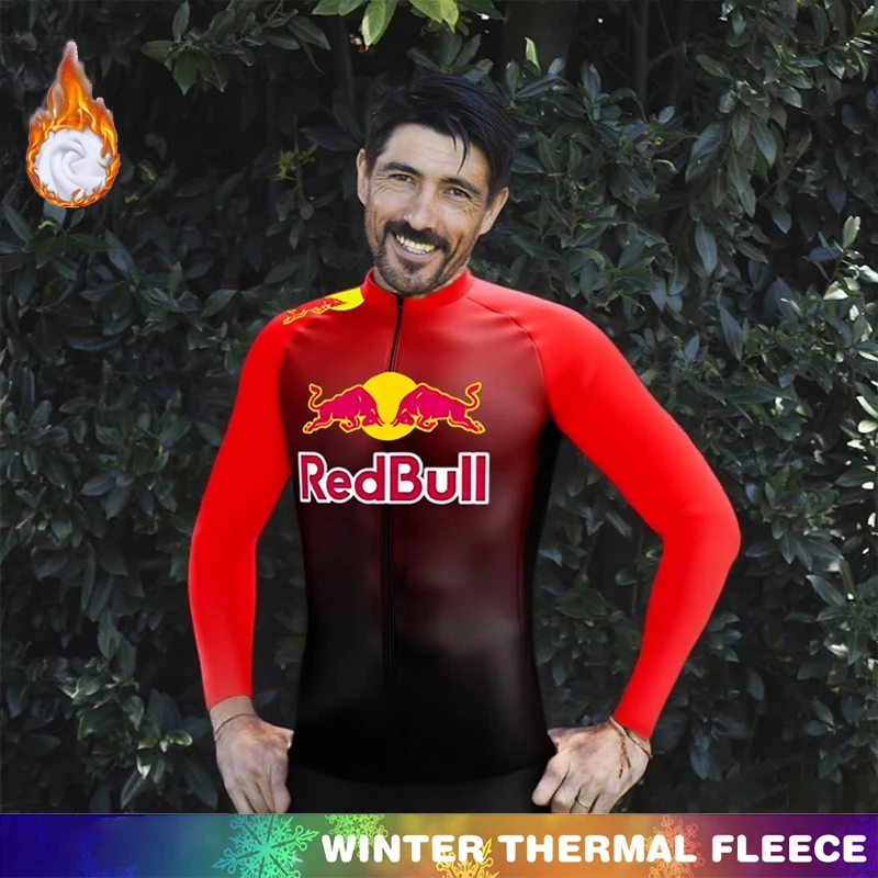 

Men's Cycling Suit Clothing Man Laser Cut Long Sleeve Jersey Thermal Red Bull Pants Shirt Bike Winter Fleece Bib Mtb Male Outfit