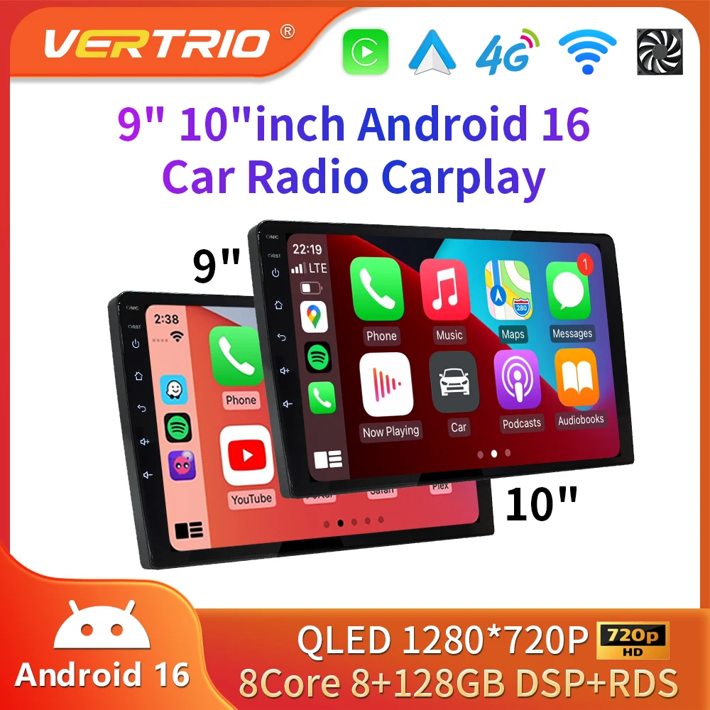 Автомагнитола Android 16 с CarPlay и GPS-навигацией для Toyota, Hyundai, Nissan, Kia, LADA, FIAT, VW, 9-10 дюймов