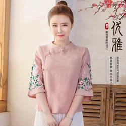 New Chinese Style Women's Shirts Stand Collar Buckle Loose National Women Blouse Top Size Chinese traditional coat woman