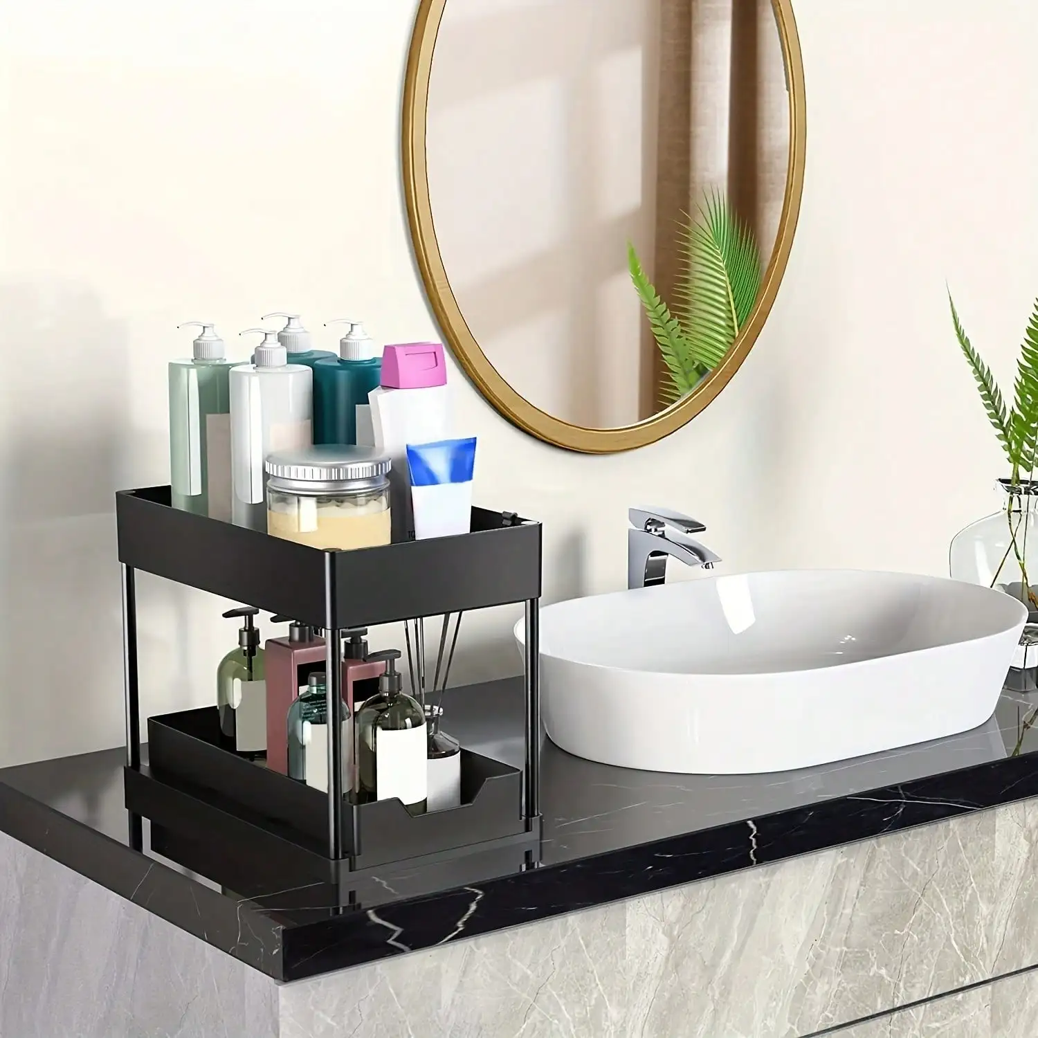 Under Sink Organizer with Sliding Drawers, 2 Tier Pull Out Cabinet Storage Rack with Hooks & Hanging Cup, Double Layer Bathroom Kitchen Storage Shelf for Cosmetics, Coffee Cups, Cleaning Supplies, Black view 6