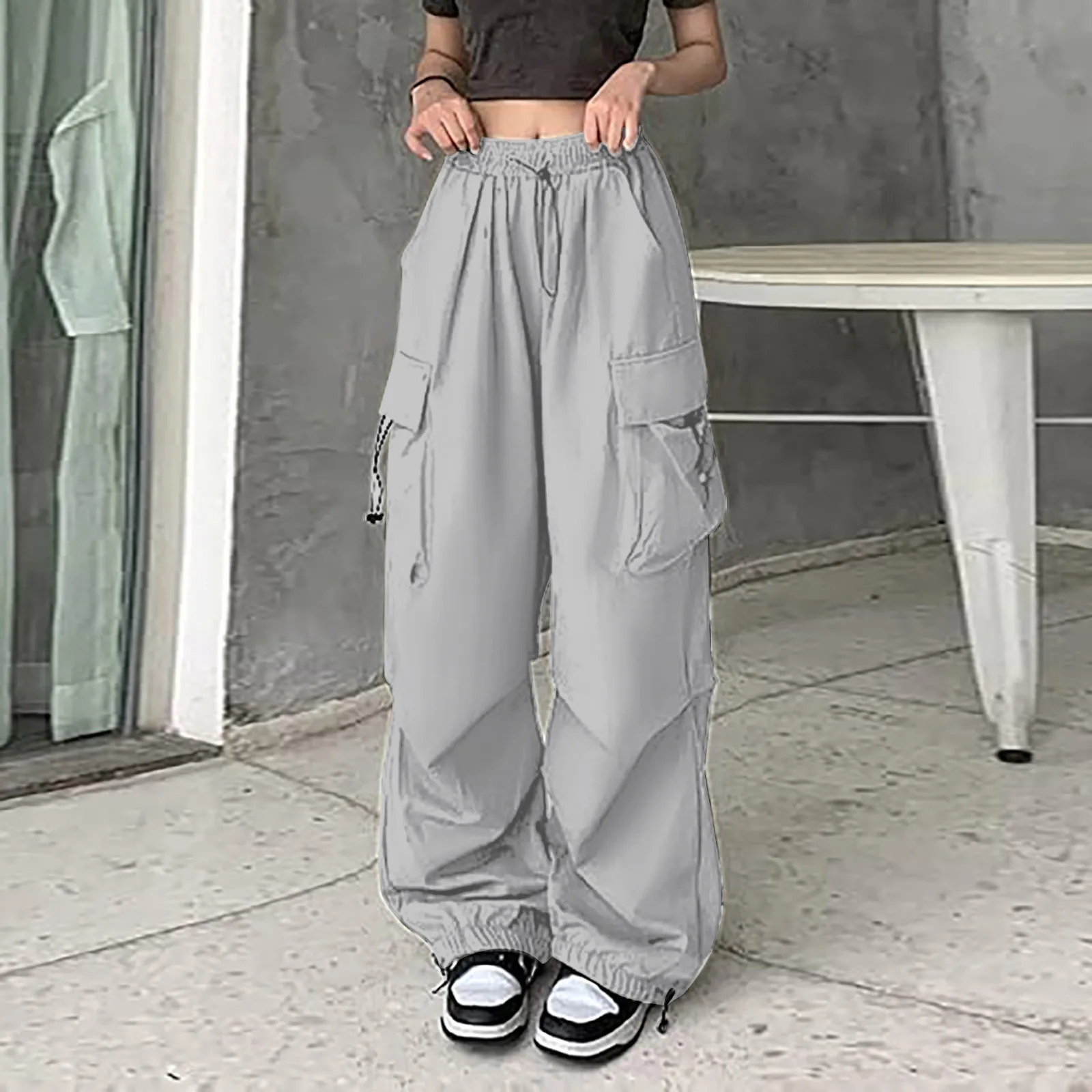 Damen Baggy Cargo hose Streetwear Hip Hop Jogger Jogging hose Kordel zug lässig lose einfarbige Hose mit weitem Bein 2024