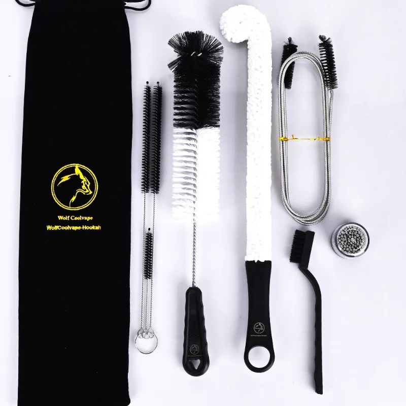 Hookah cleaning brush 8-piece set with drawstring bag for storage