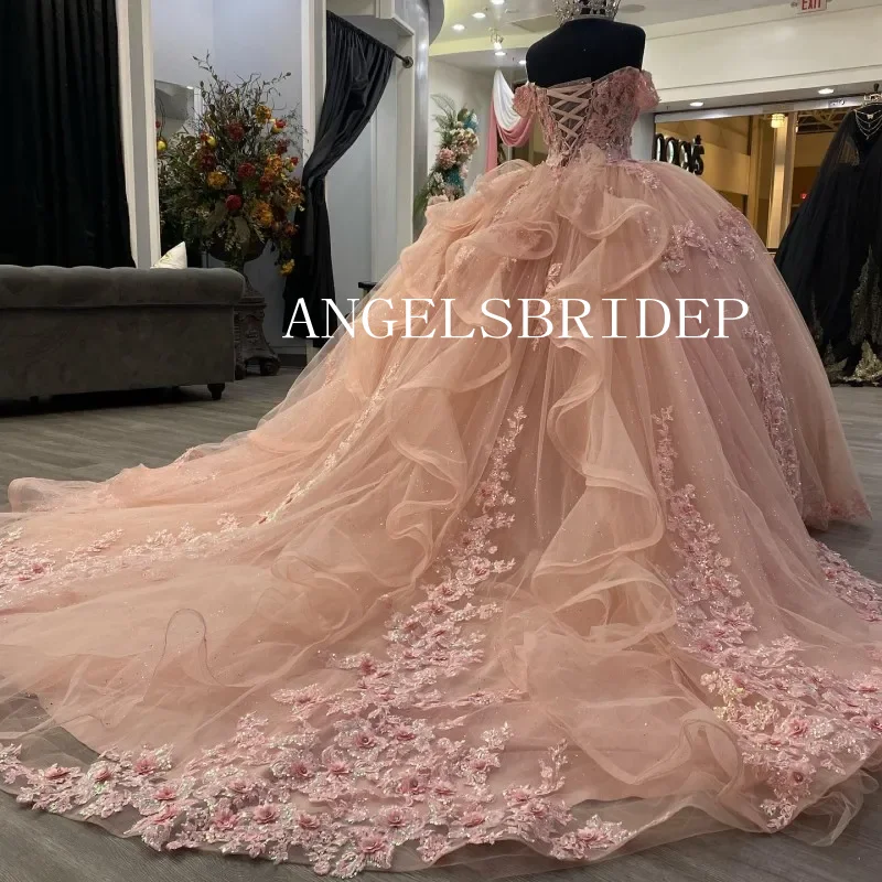 Angelsbride brilhante rosa renda fora do ombro apliques vestido de baile quinceanera vestidos de 15 anos quinceañeras