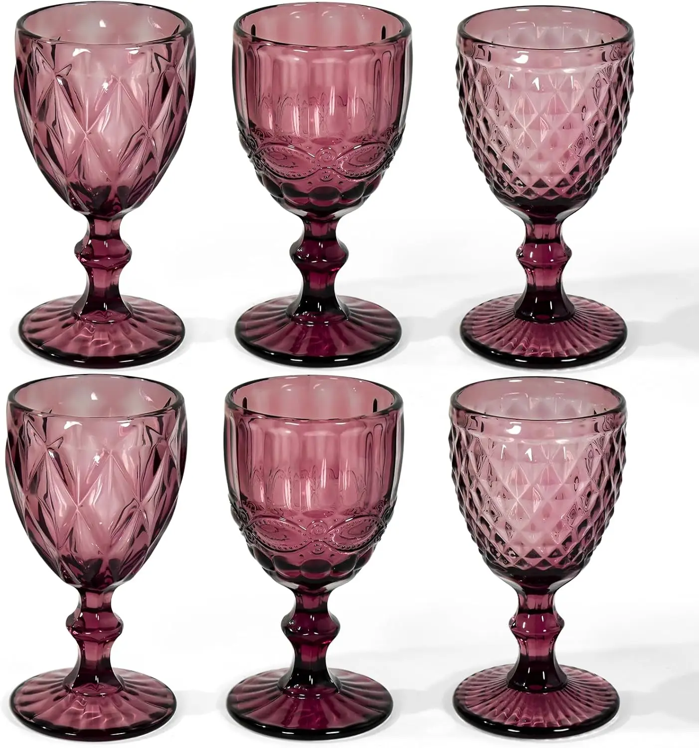 

Vintage Wine Glasses Set of 6, 8 OZ Colored Glass Water Goblets, Embossed Floral Decorative Crystal Glass Cups Set, Dish