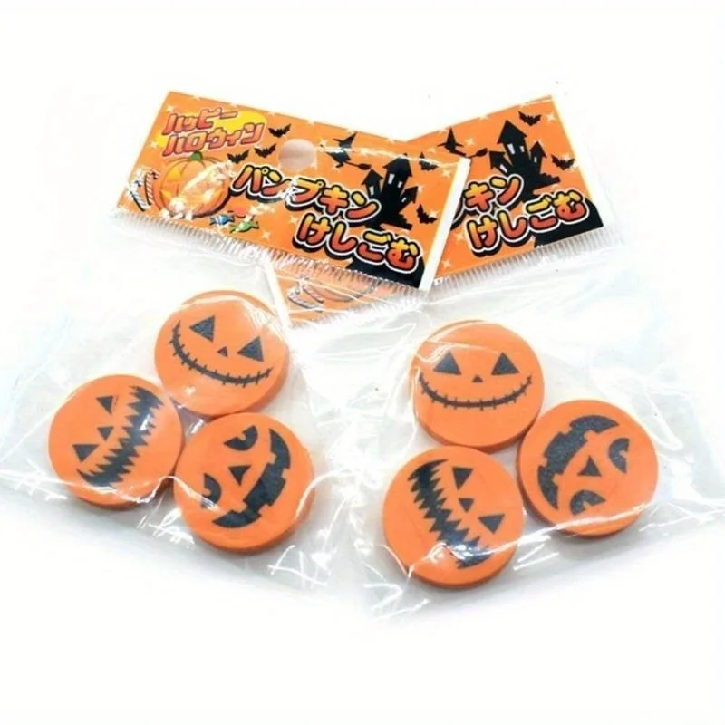 10pcs Creative Halloween Rubber Pumpkin Printing Eraser Students Stationery Suitable Classmate Study Writing Error Pencil Eraser