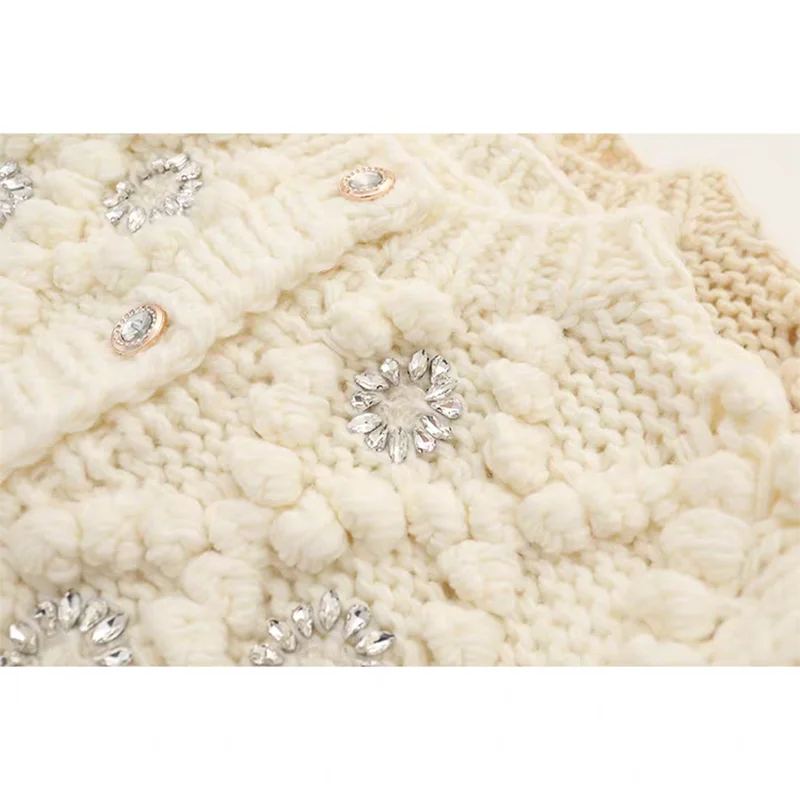 Handmade Bubble Diamond Embellished Cardigan Crochet Flower Chunky Knit Sweater 3D Floral Details Button-Up Knitwear Coat