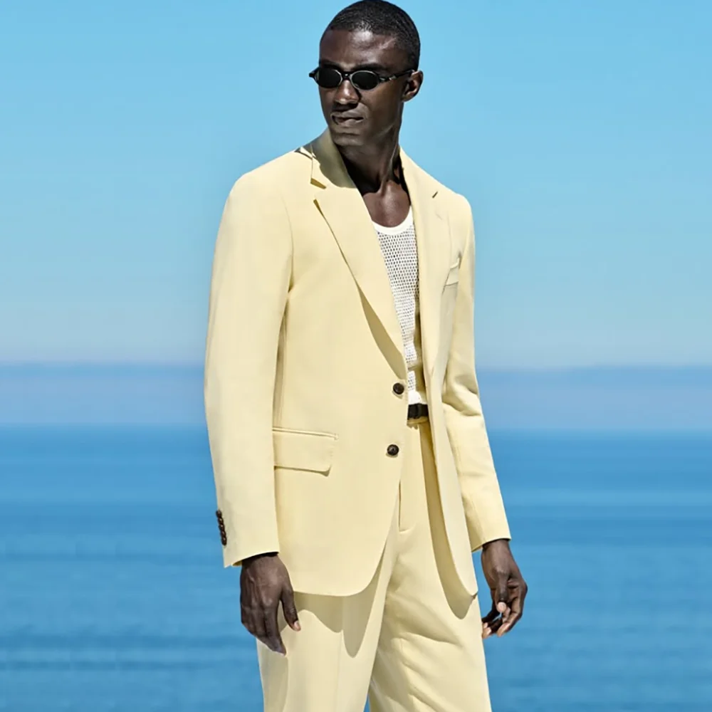 Casual Men Pale Yellow 2 Piece Suit Single Breasted Timeless Blazer Straight Pants Summer Beach Wedding Groomsmen Outfit