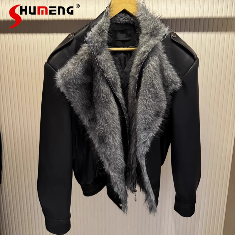 

Men's Leather Jackets 2025 Winter New High-End Faux Fur Integrated Faux Two-Piece Motorcycle Jackets Long Sleeve Handsome Coats