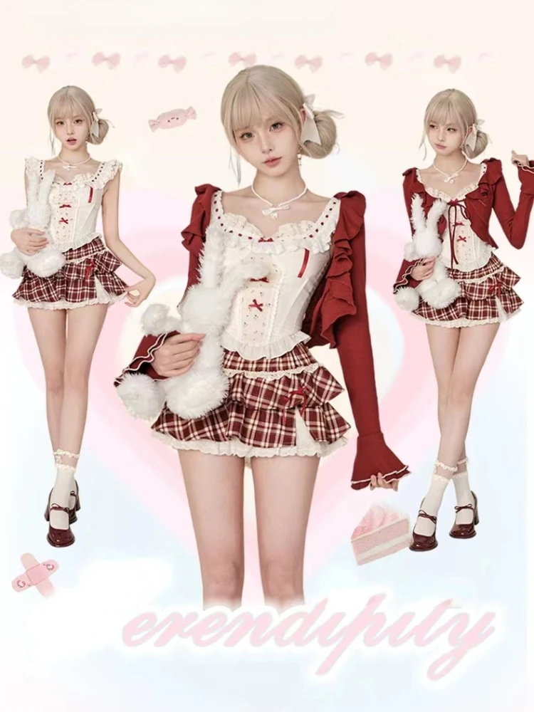 2024 New Red Plaid Skirt 3 Piece Set Outfits Lolita Japanese Style Sweet Suit Shot Cardigan + Slim Lace Vest + Y2k Mini Skirt