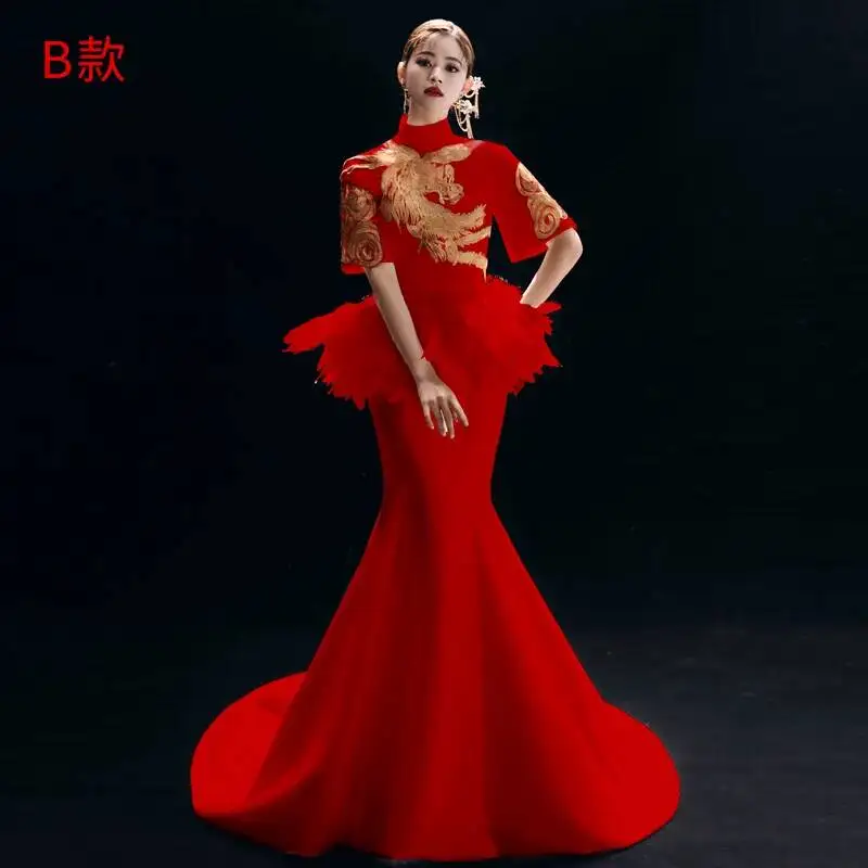 Red National Style Embroidered Dress With Multiple Styles And Tail Tail Hosting Runway Shows Art Exams Stage Dresses