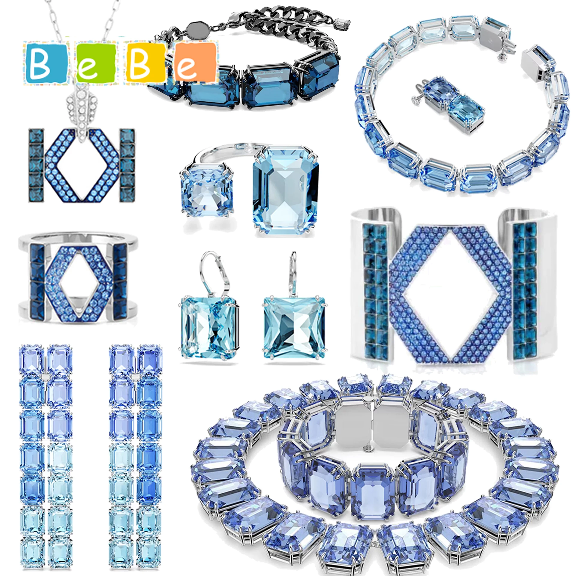 

2026 High Quality Fine Anniversary Jewelry Set Charm Blue Geometric Crystal Fashion Necklace Bracelet Earring As A Gift ForWomen