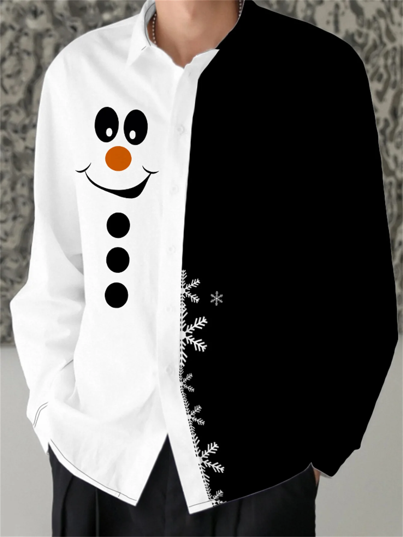 قميص رجالي مطبوع عليه رجل الثلج من إصدار عيد الميلاد الاحتفالي بأكمام طويلة غير قابل للتمدد Btn-Up 2025 ​ ​