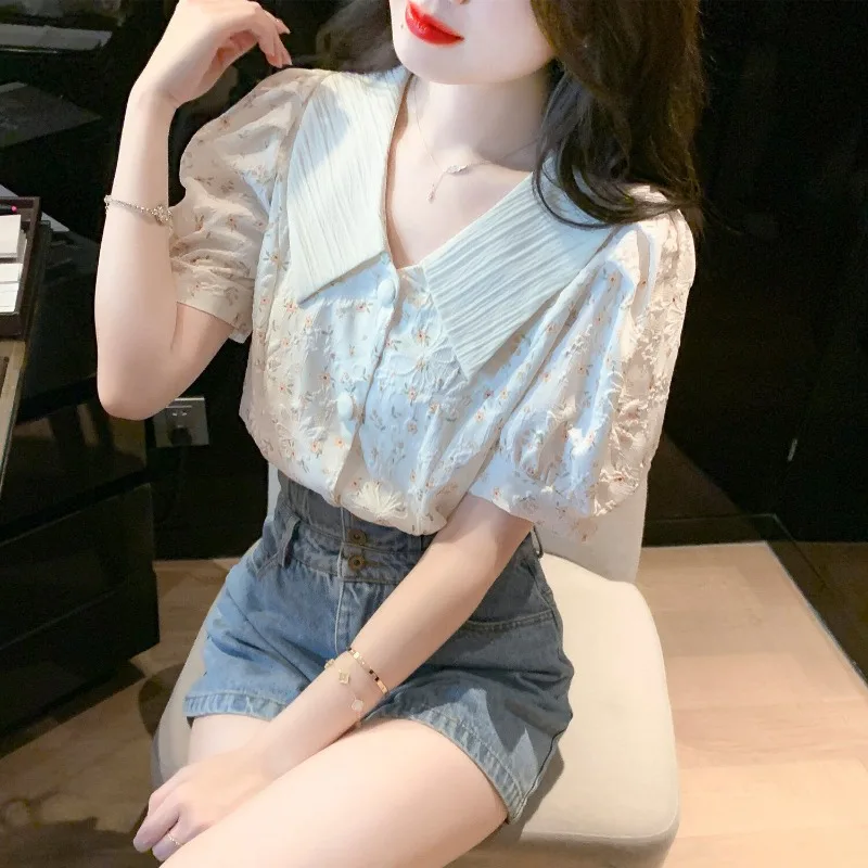 Women\'s Spring and Summer 2024 Fashion Commuter Doll Neck Printed Blouses Sweet Bubble Sleeve Cardigan Button Chiffon Shirts