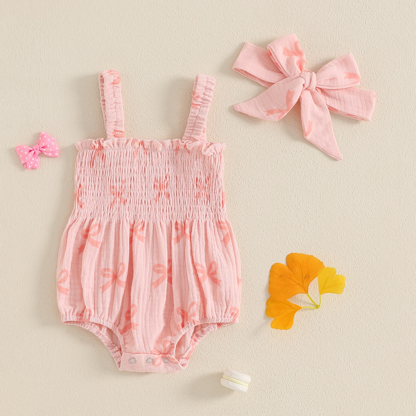

BeQeuewll Soft Cotton Sleeveless Baby Girl Summer Bodysuit with Headband Cute Bow Print Smocked Romper Newborn Infant Clothes