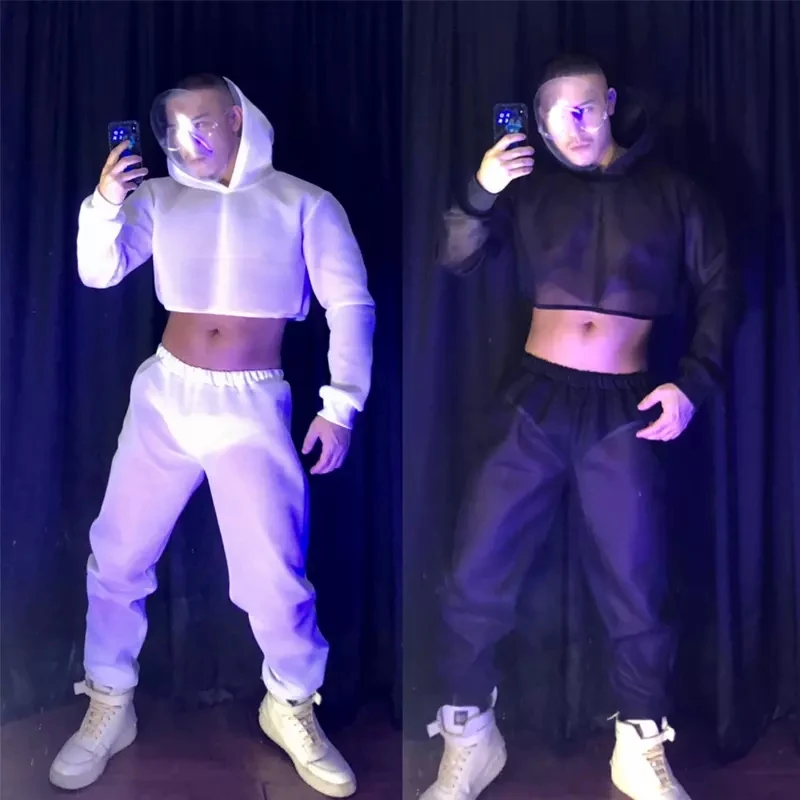 Nightclub Bar Jazz Hip Hop Dance Costume Men Black White Perspective Sexy Hoodie Trousers Briefs Outfit Stage Performance Wear