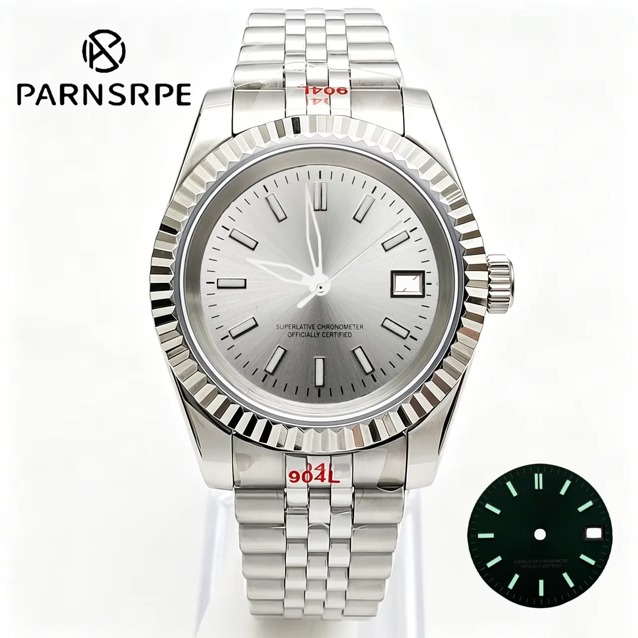 36/39mm NH35 Steel Full Watch Parts Set, Lace Bezel Silver Radiant Gradient Dial Sapphire Crystal Clear Back Fit NH35/36 8215