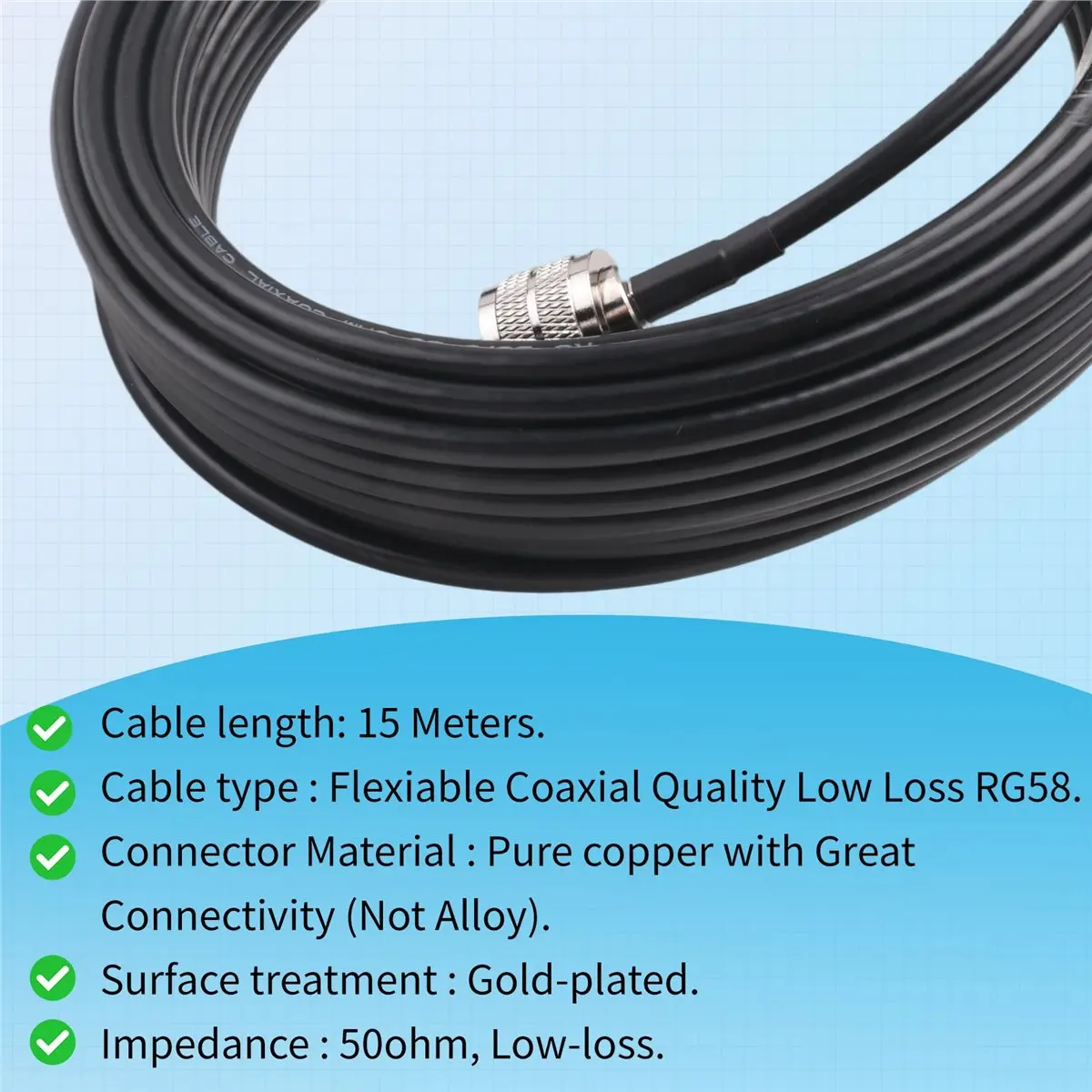 Cable Coaxial UHF A62Z de 15M, Cable Coaxial RG58, Cable PL259 de 50 Ohmios, Cable de Antena de Radio CB, UHF Macho a UHF Macho, Baja Pérdida